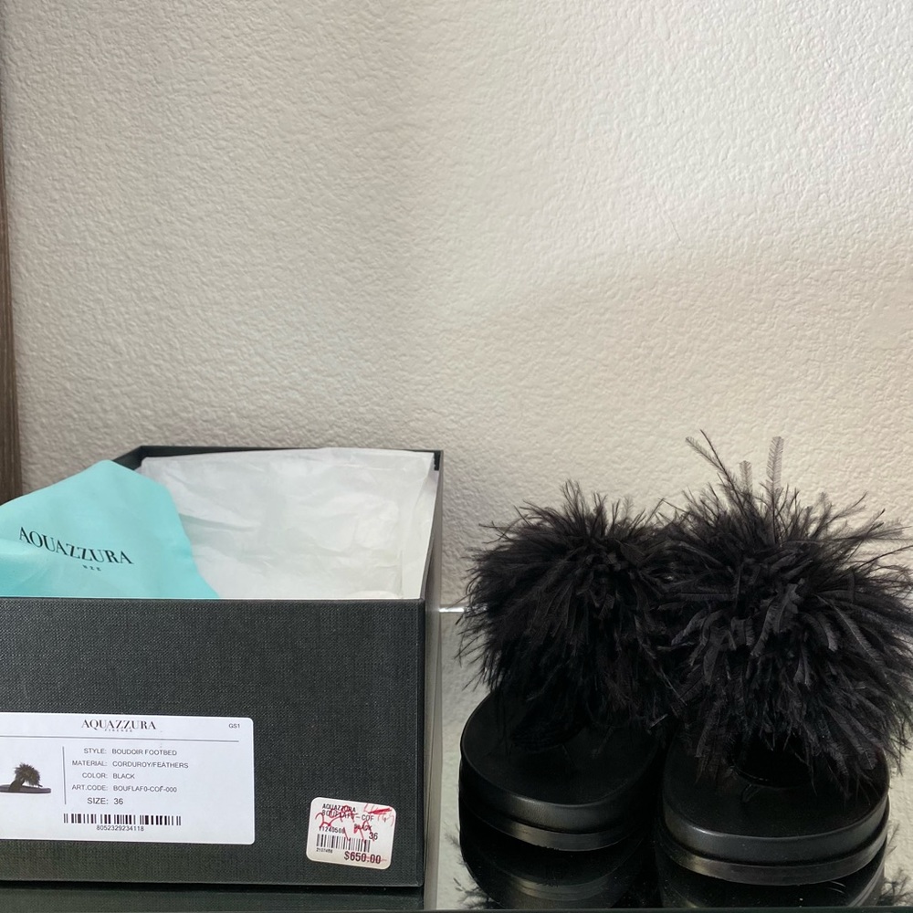 New Aquazzura Aqua Boudoir feather-detail flat sandals 36 $650 - Picture 2 of 7